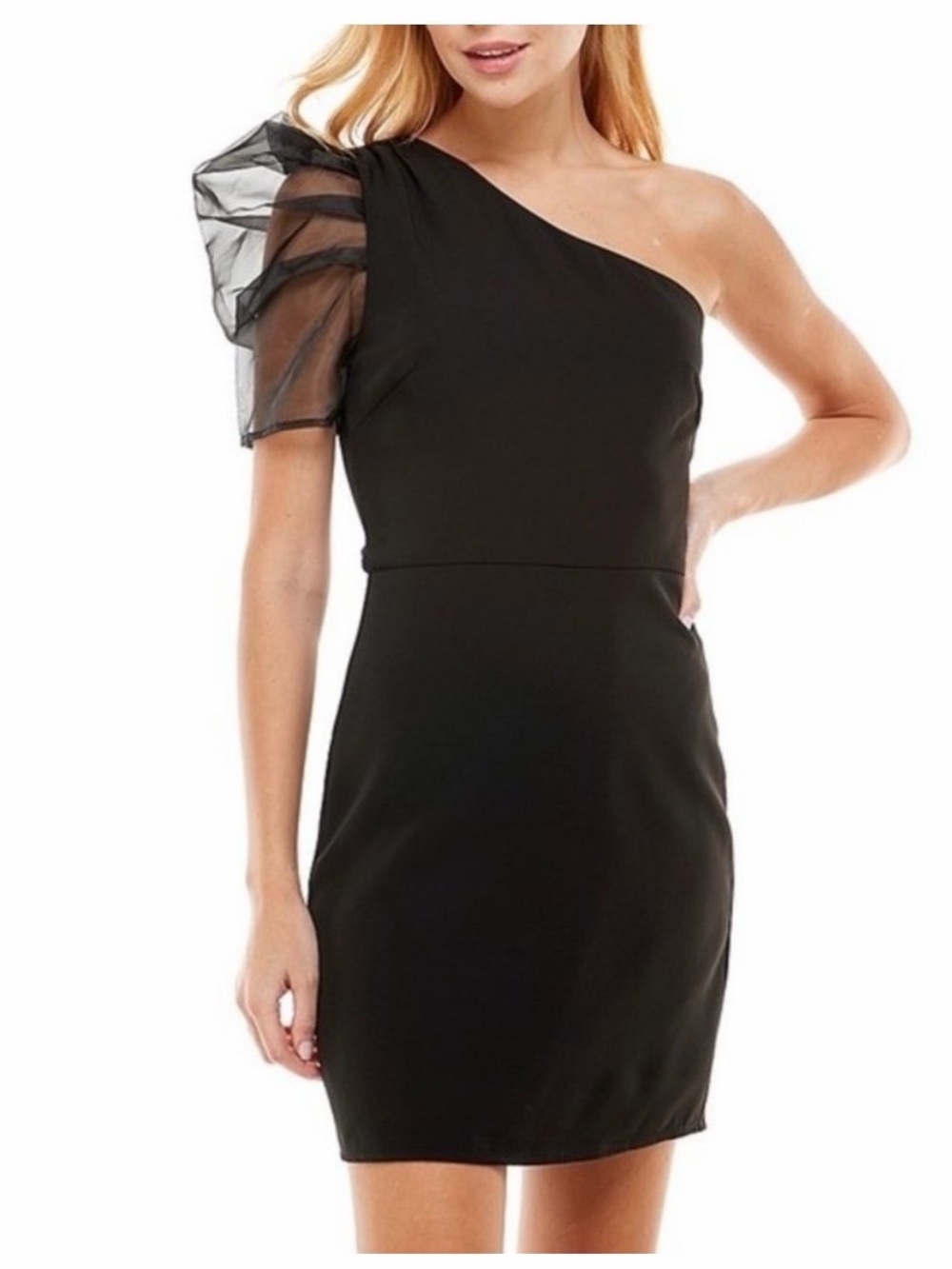 TCEC Black One-Shoulder Sheath Mini Dress with Sheer Puff Sleeve Size L